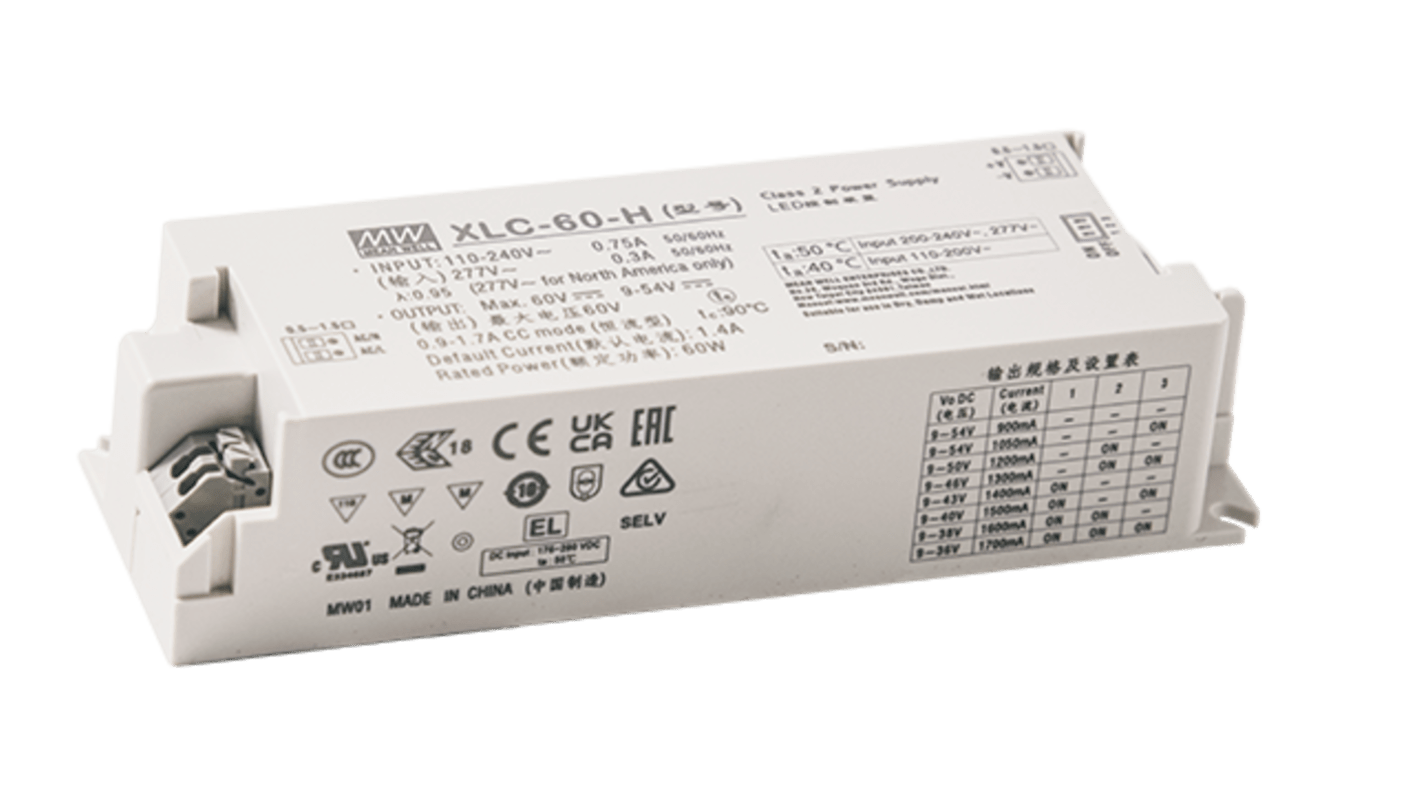 MEAN WELL LED Driver Power Supply, 12V Output, 60W Output, 5A Output, Constant Voltage