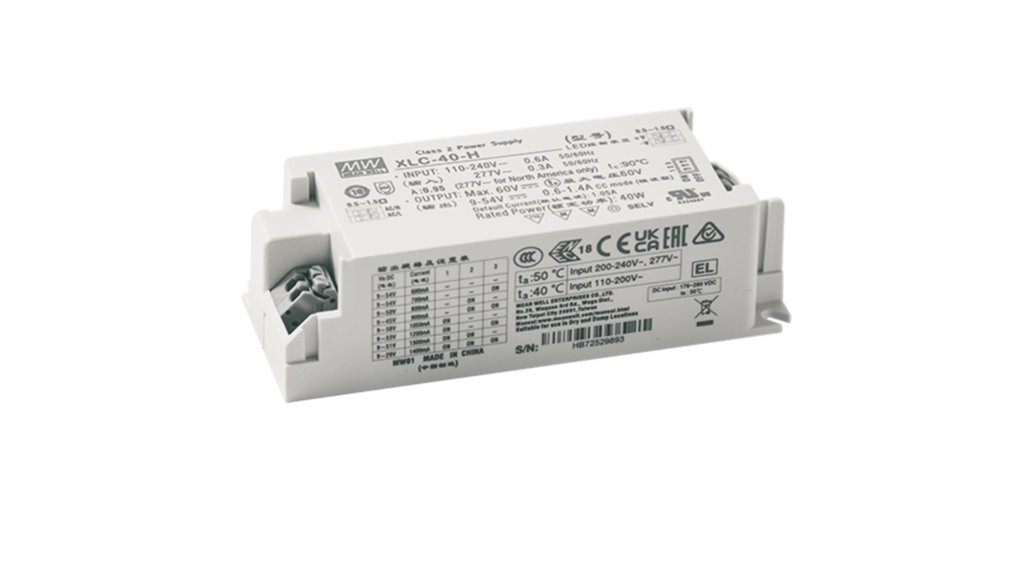 MEAN WELL LED Driver Power Supply, 24V Output, 40W Output, 1.7A Output, Constant Voltage