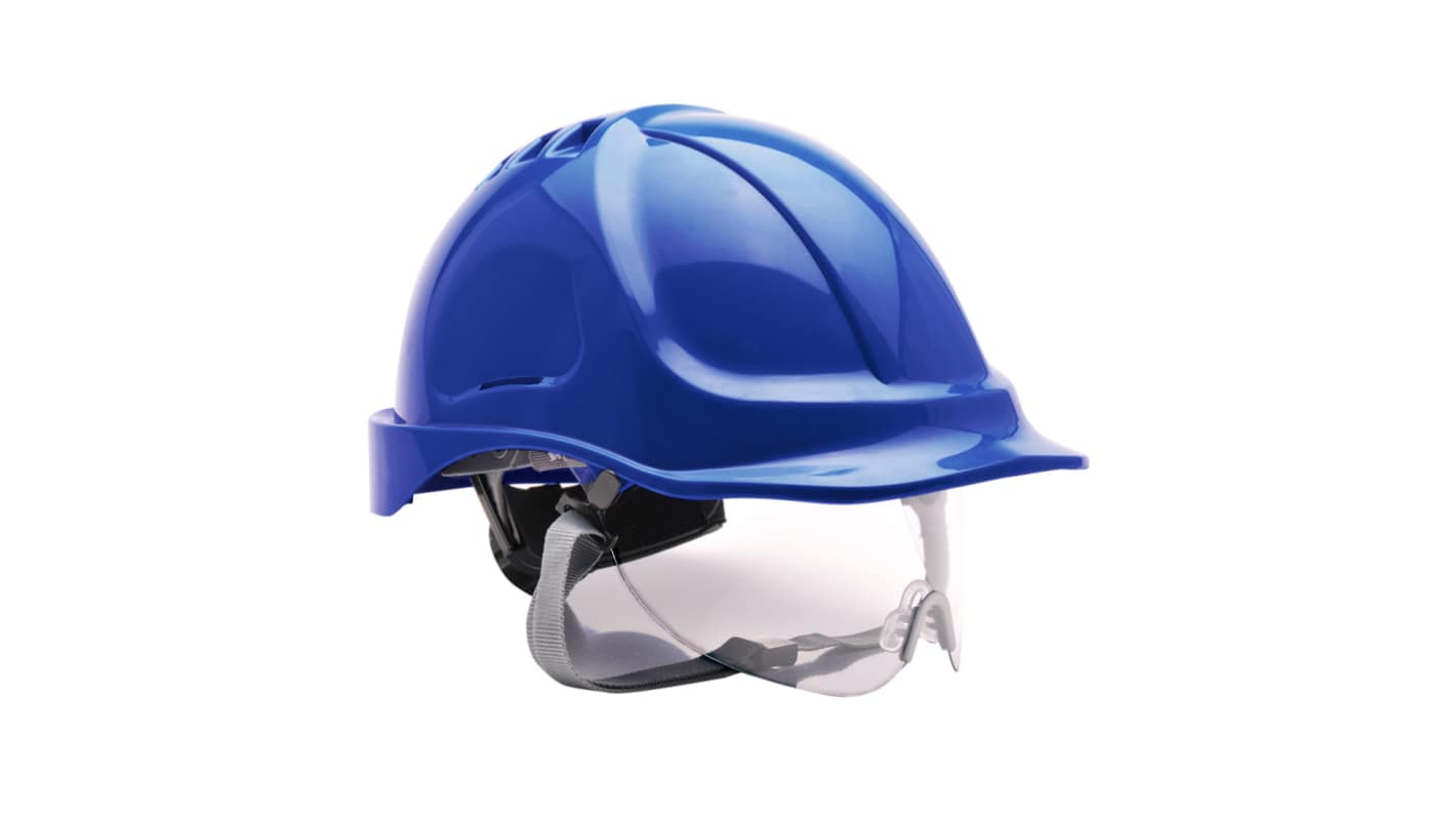 Portwest PW55 Schutzhelm belüftet mit Kinnriemen verstellbar und Augenschutz Blau