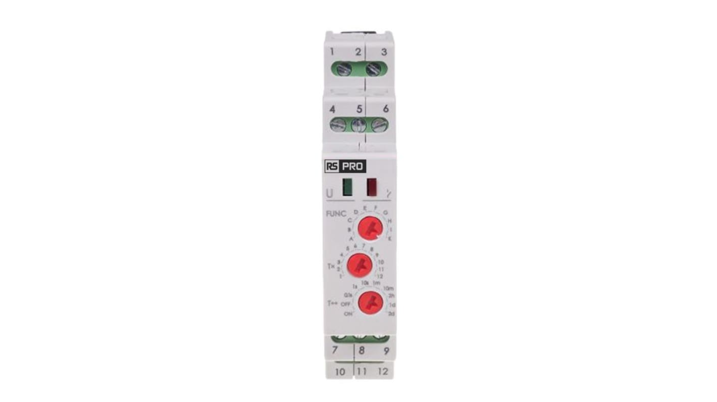 RS PRO DIN Rail Mount Timer Relay, 195 → 253V, 2-Contact, 0.1 s → 576h, 10-Function, 2NO/1NC