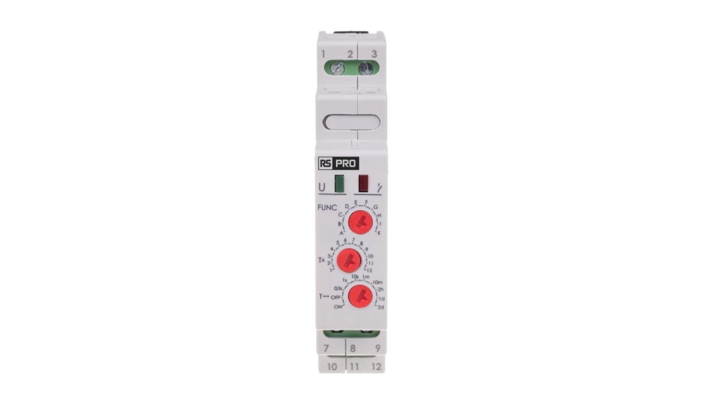 RS PRO DIN Rail Mount Timer Relay, 195 → 253V, 1-Contact, 0.1 s → 576h, 10-Function, 2NO/1NC
