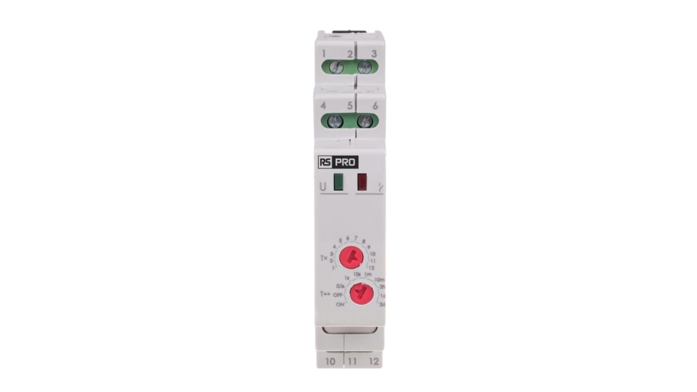RS PRO DIN Rail Mount Timer Relay, 195 → 253V ac, 1-Contact, 0.1 s → 576h, 1-Function, 2NO/1NC