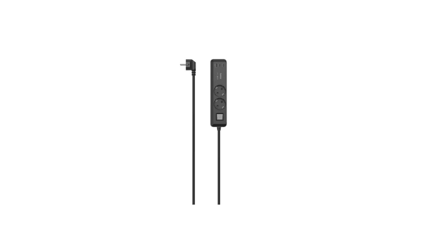 Hama USB A, USB C 2 Gang Power Distribution Unit, 1.4m Cable, 16A, 250 V, Surge Protected
