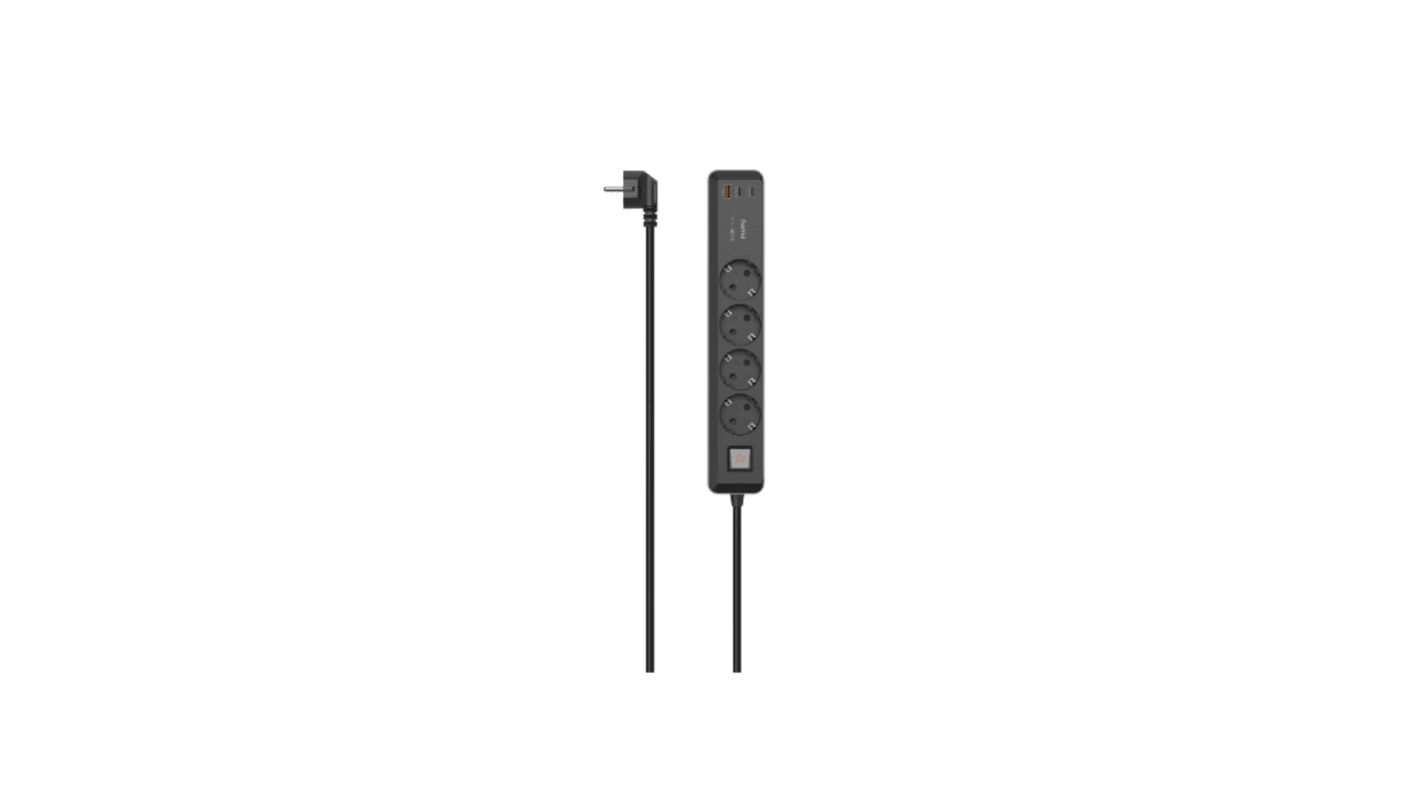 Hama USB A, USB C 4 Gang Power Distribution Unit, 1.4m Cable, 16A, 250 V, Surge Protected