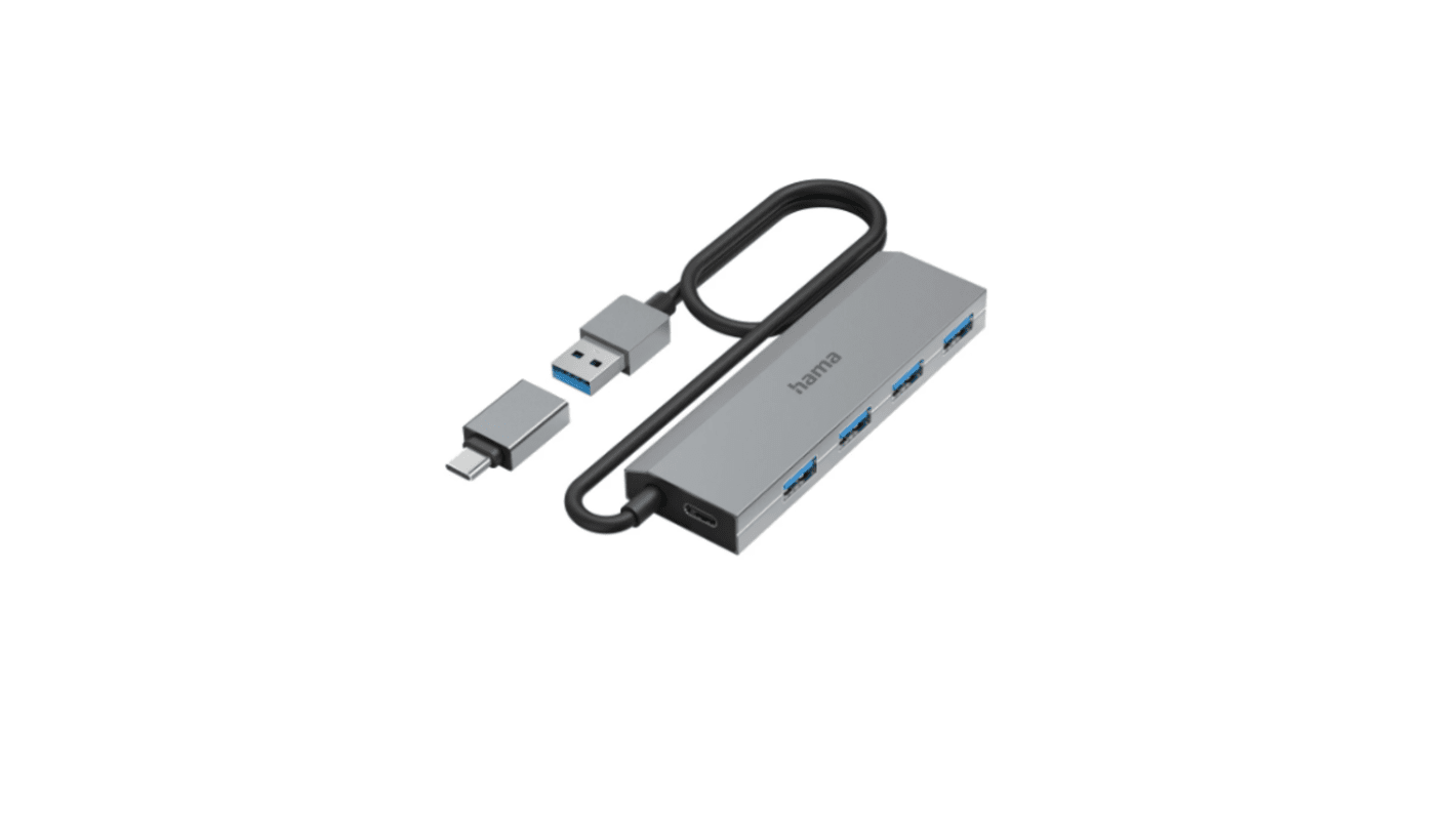 Hama 4 Port USB 3.2 USB A, USB C USB C Hub, USB Powered, 9.8 x 1.2 x 3.2cm
