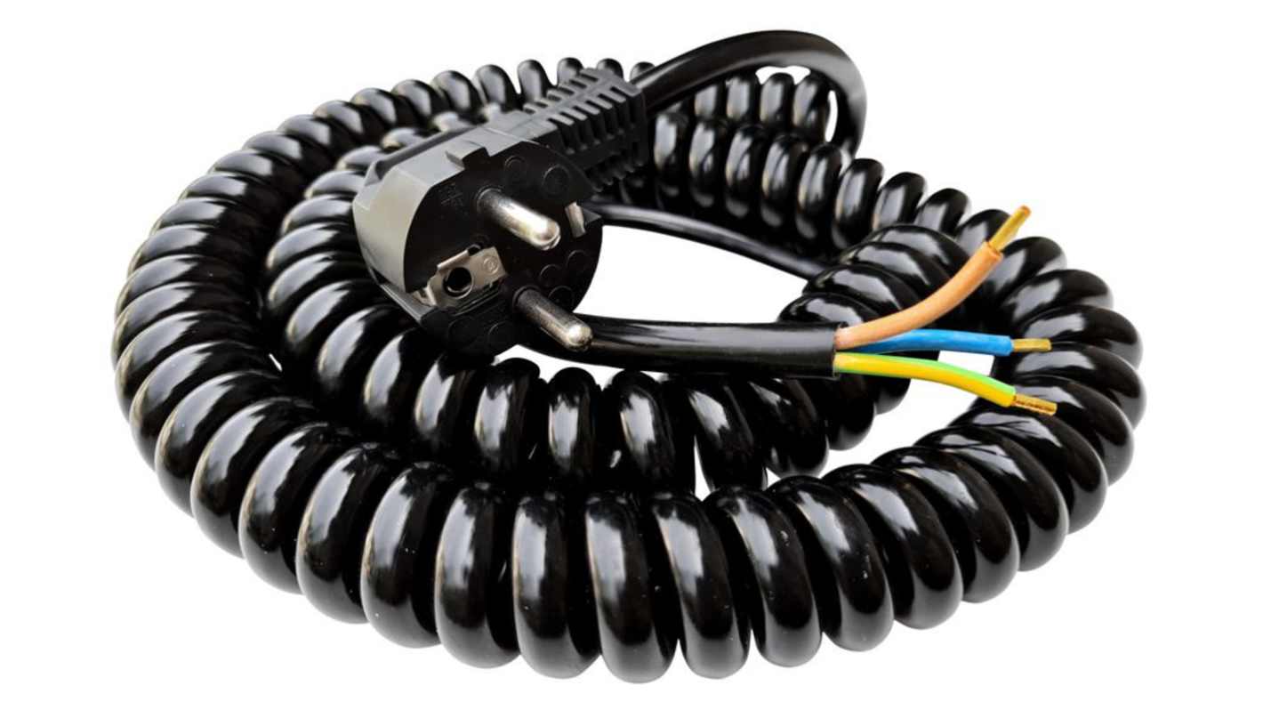 TBS de Buck B.V. SP-DSR, Spiral Cable, 4m 3 Core, Black Polyurethane PUR Power Cable +70°C