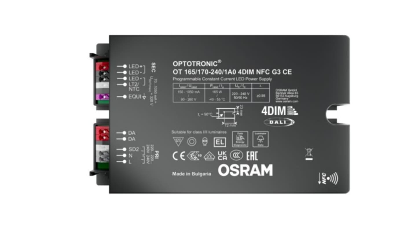 Osram Dimmable LED Driver, 90 → 260V Output, 165W Output, 700mA Output, Constant Current Dimmable
