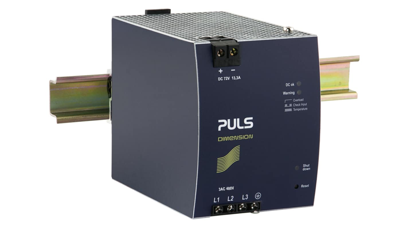 PULS X Series DIN Rail Power Supply, 480V ac Input, 72V dc Output, 13.3A Output, 960W