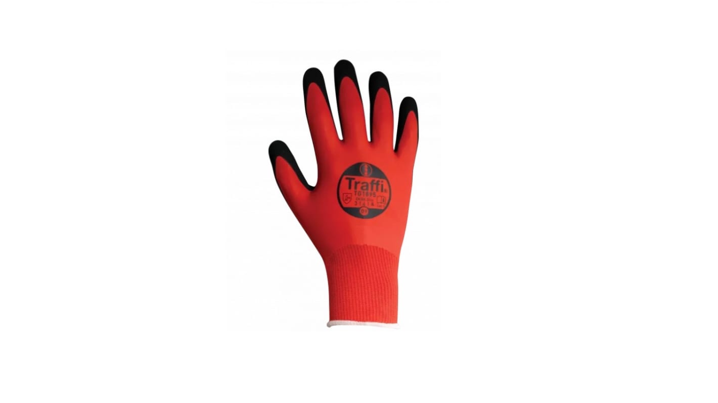 Traffi TG1895 Red Elastane, Nylon Grip and Abrasion Resistance, Oil Resistant, Wet Resistance Work Gloves, Size 10,