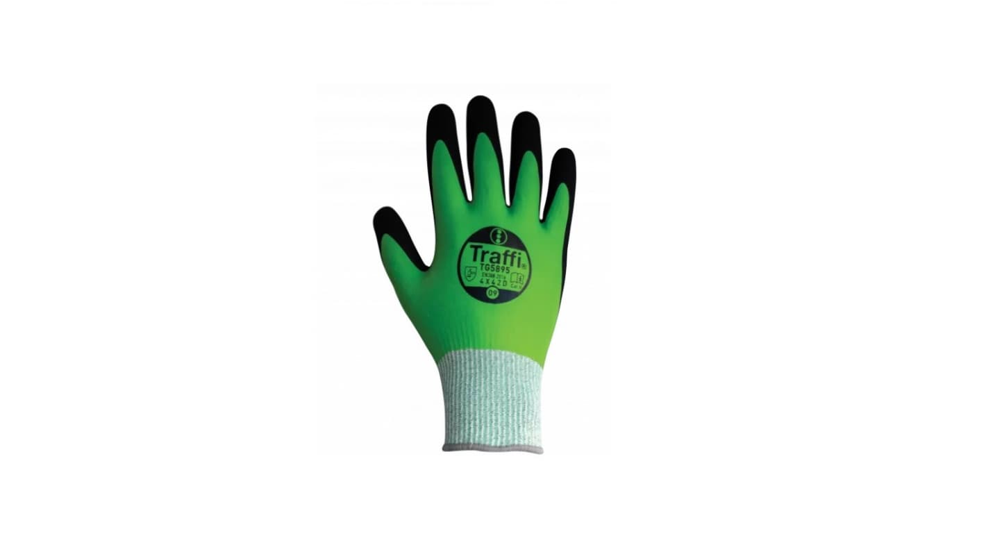 Traffi TG5895 Green Polyester (Liner) Construction Work Gloves, Size 7, Nitrile Coating