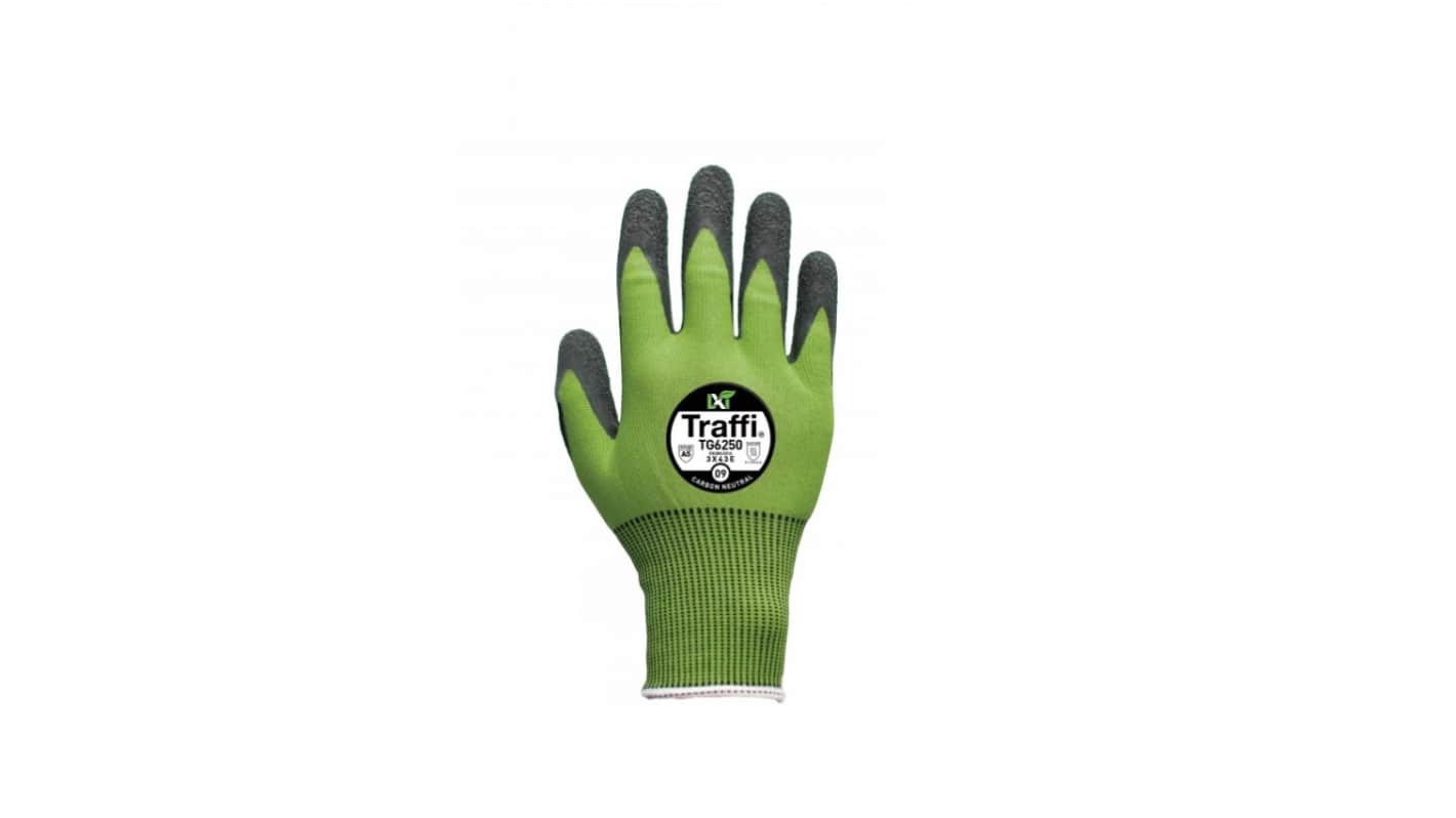 Traffi TG6250 Green Yarn Cut Resistant, Dry Environment, Good Dexterity Work Gloves, Size 9, Latex Coating