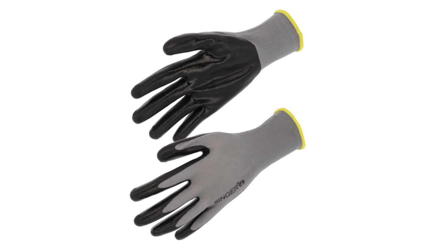 SINGER SAFETY PER13NIB Black, Grey Polyester (Liner) Oil Resistant Work Gloves, Size 10, Nitrile Coating