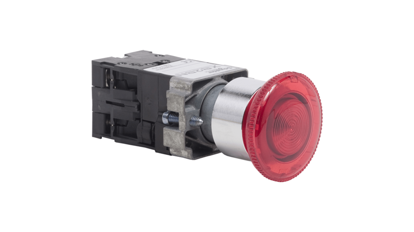 Schneider Electric Harmony XB2 Series Illuminated Push Button, Maintained, Panel Mount, 22mm Cutout, 1 NO + 1 NC, Red