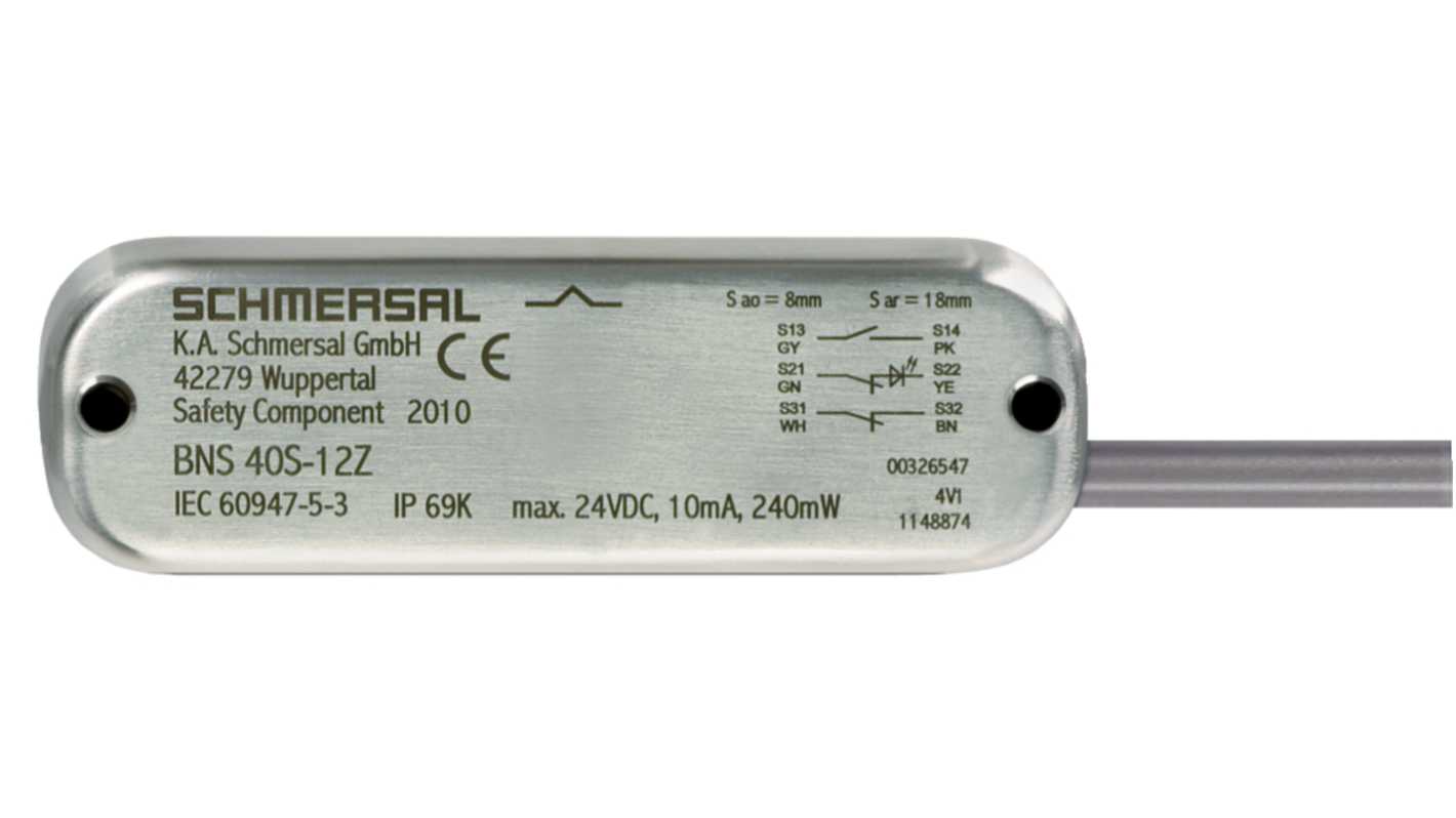 Schmersal BNS 40S Series Non-Flush Magnetic Safety Switch, Stainless Steel Housing, NO/2NC, 3m Cable
