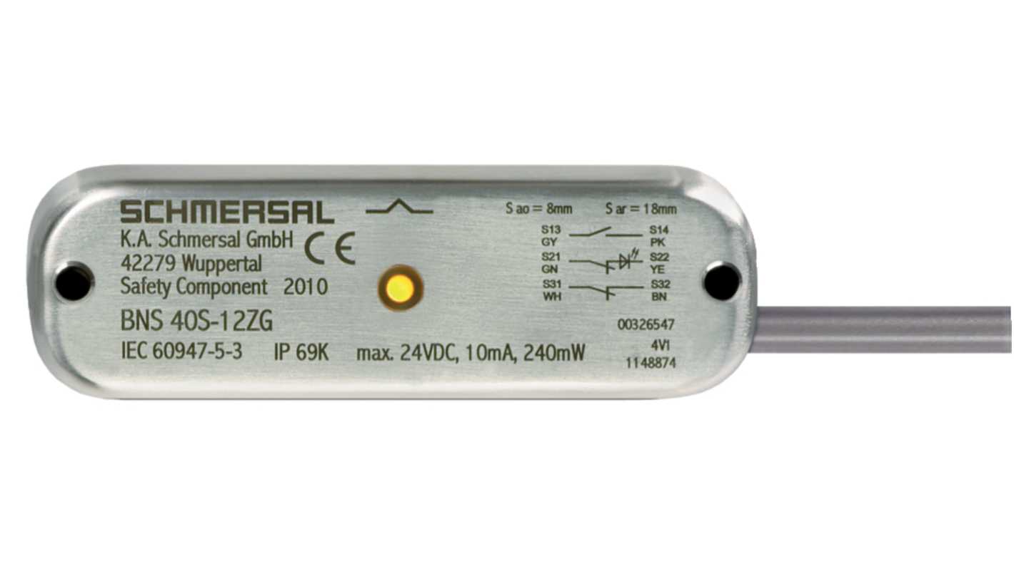 Schmersal BNS 40S Series Non-Flush Magnetic Safety Switch, 24V dc, Stainless Steel Housing, NO/2NC, 1m Cable