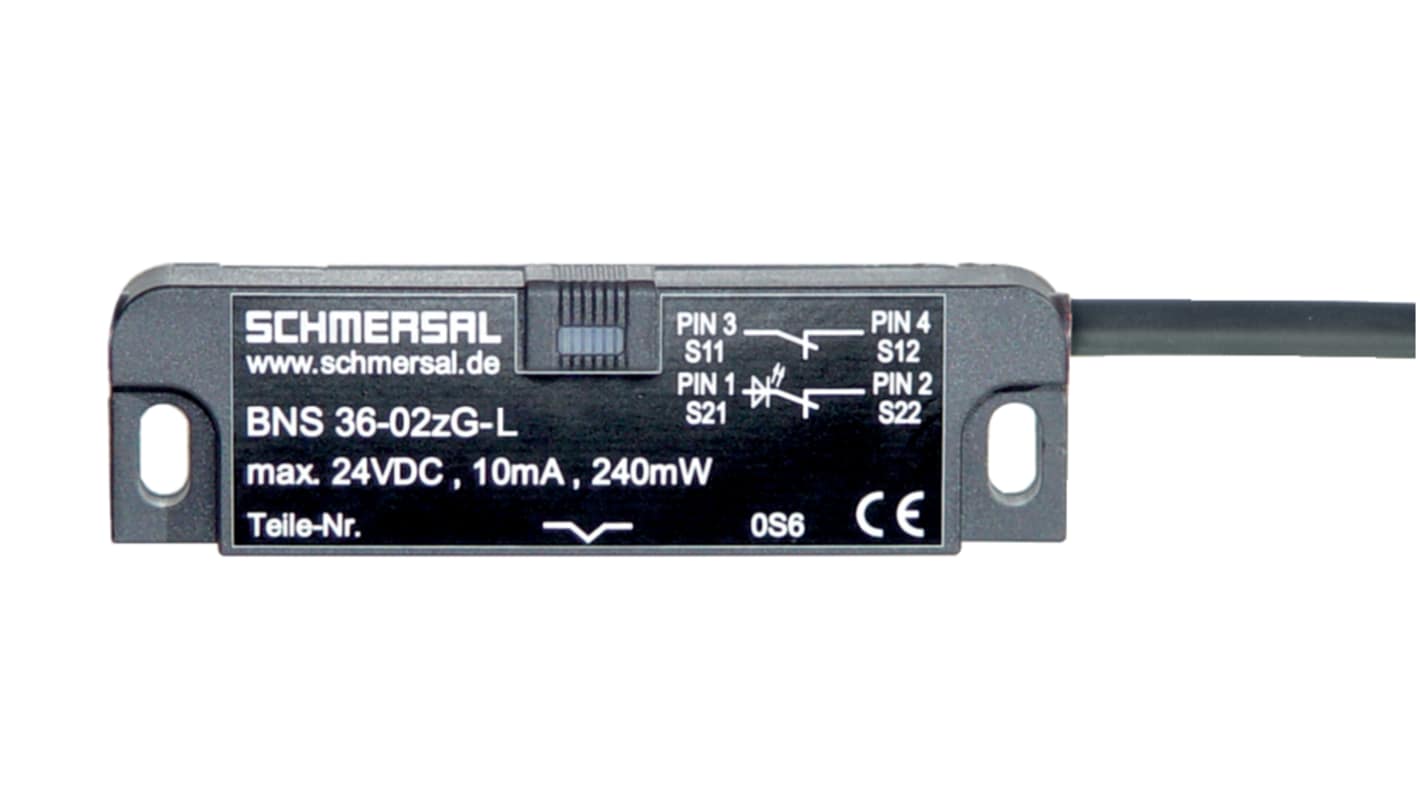 Schmersal BNS 36 Series Flush Magnetic Safety Switch, 24V dc, Reinforced Thermoplastic Housing, NO/2NC, 1m Cable