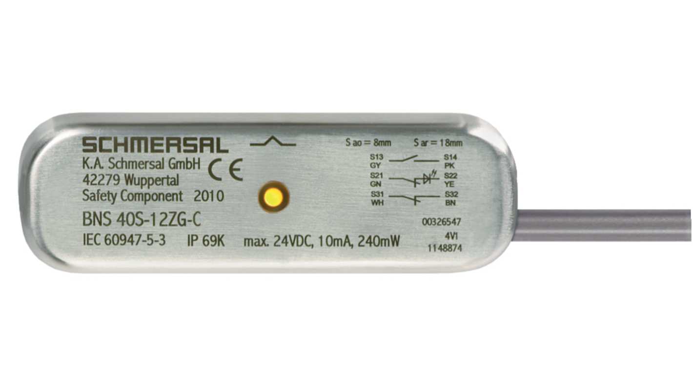 Schmersal BNS 40S Series Non-Flush Magnetic Safety Switch, Stainless Steel Housing, NO/2NC, 10m Cable