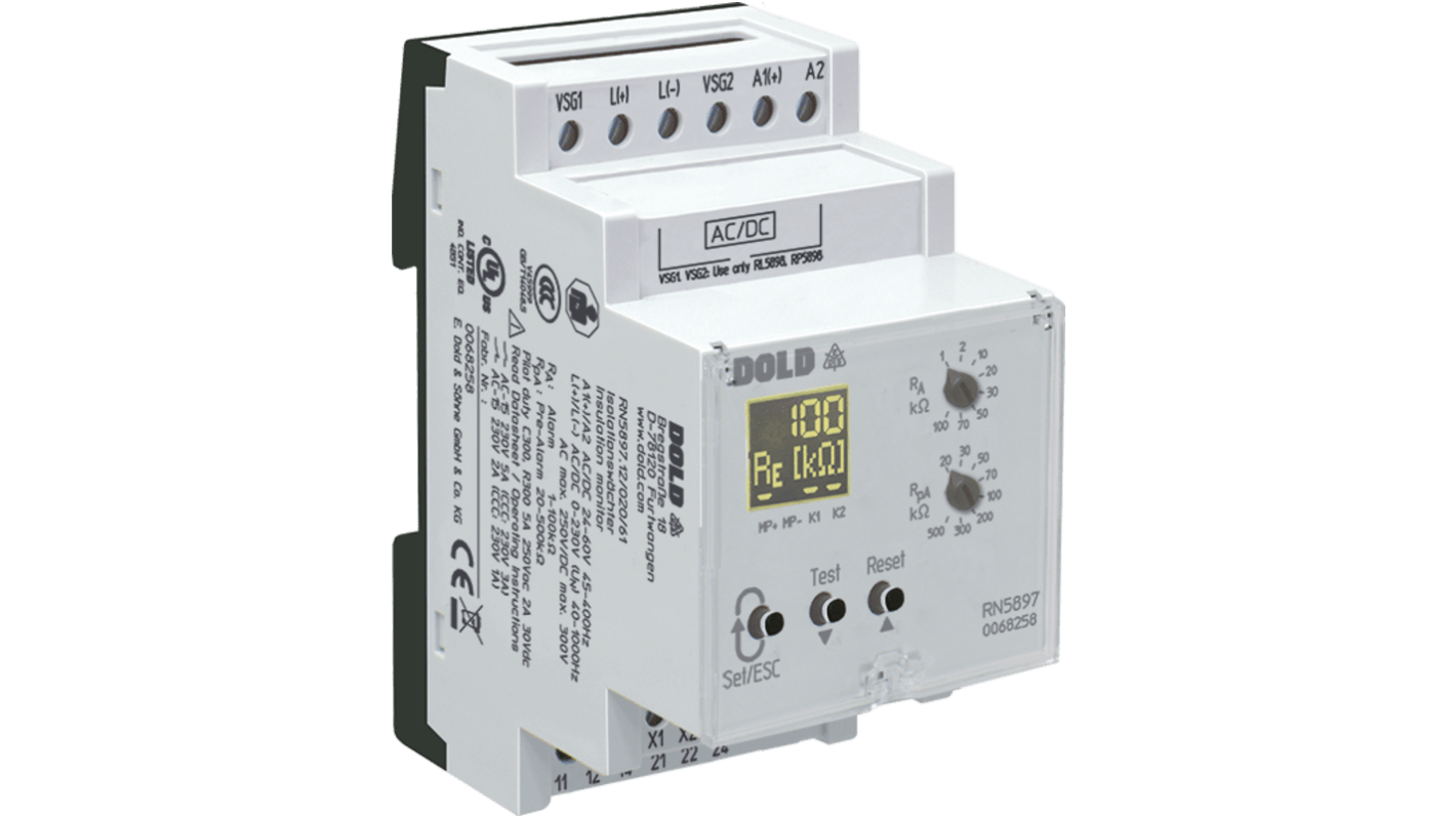 Dold 絶縁モニター, SPDT, DINレール, 400 → 1000V ac/dc, RN5897.12/020/61 AC/DC85-230V 1k-100kOhm 20k-500k