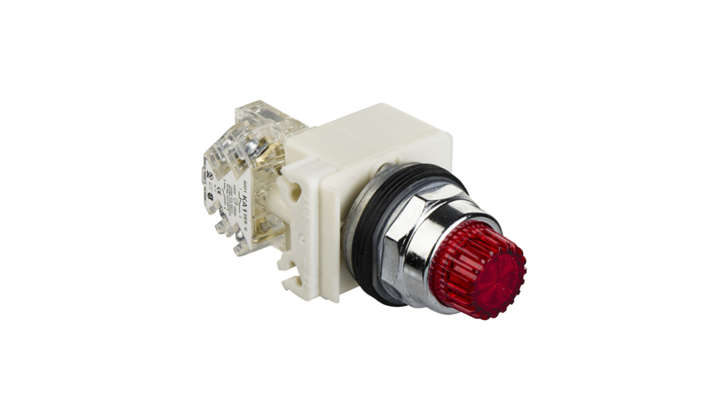 Schneider Electric 9001 Series Illuminated Push Button Switch, Spring Return, Screw Mount, 30mm Cutout, 1NO, SPST, Red