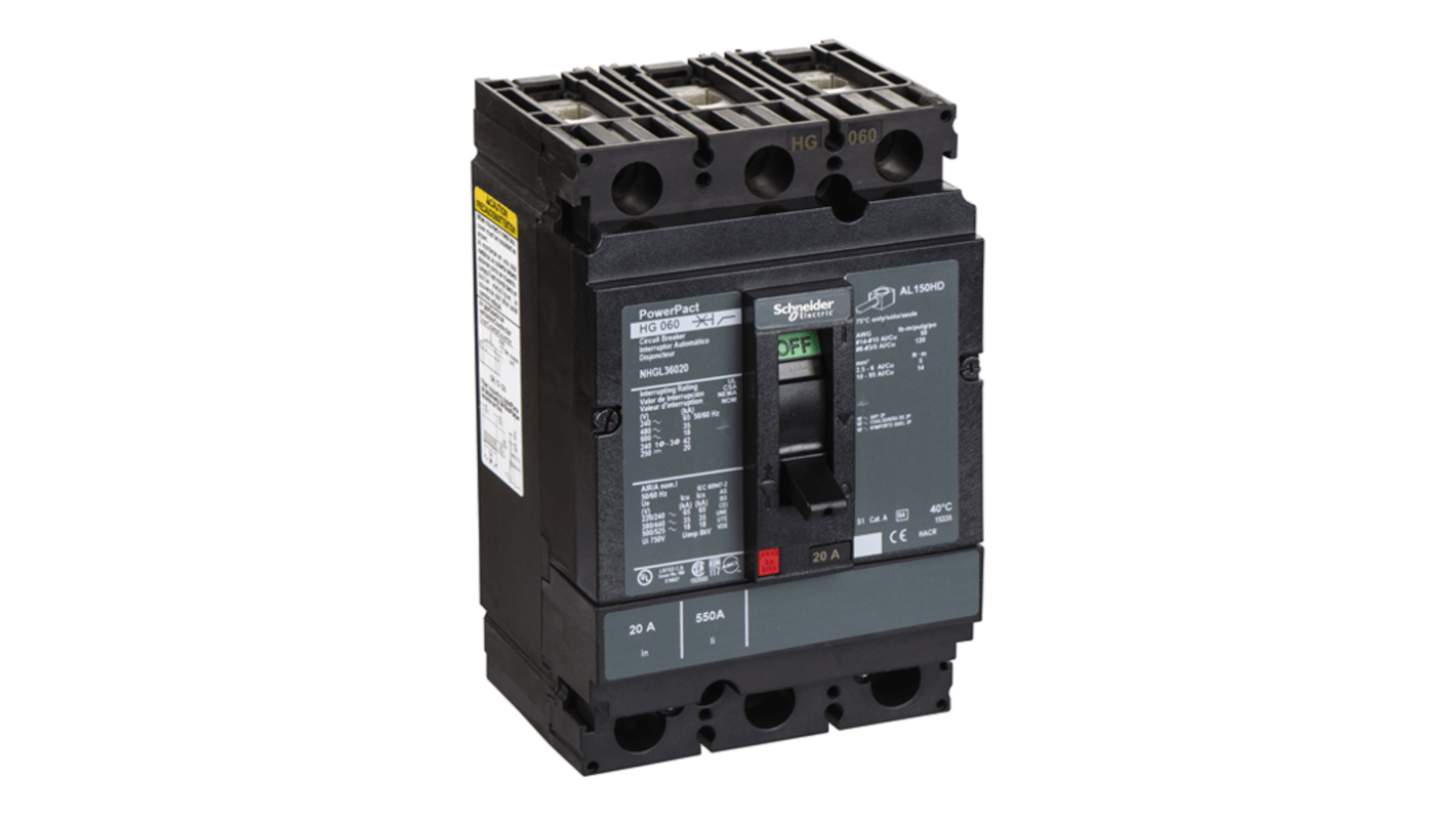 Schneider Electric, PowerPact MCCB 3P 20A, Breaking Capacity 18 kA, DIN Rail Mount