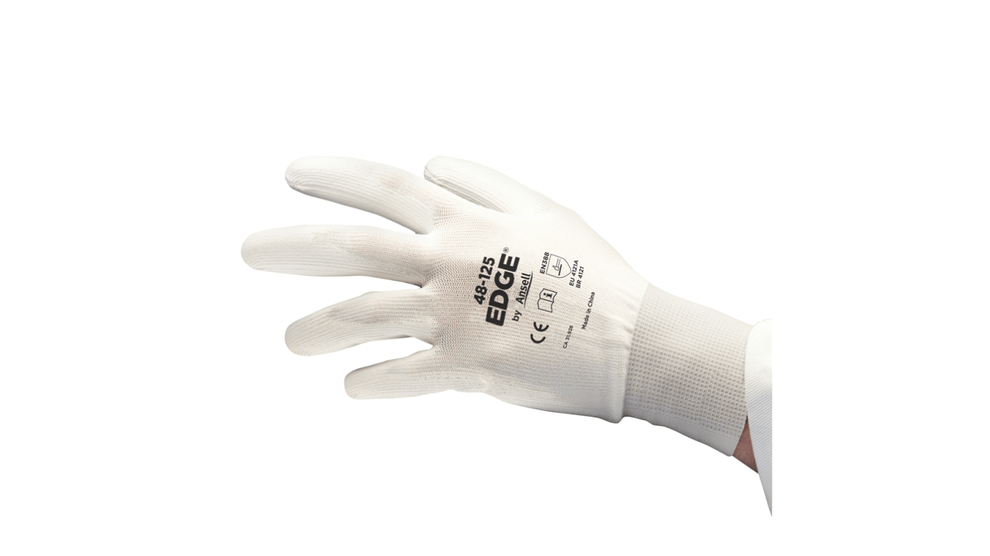 Ansell Edge 48-125 White Polyester Abrasion Resistant, Tear Resistant Work Gloves, Size 5, Polyurethane Coating