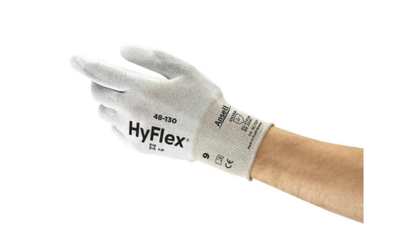 Ansell HyFlex 48-130 White Nylon Mechanical Protection ESD Gloves, Size 7, Polyurethane Coating