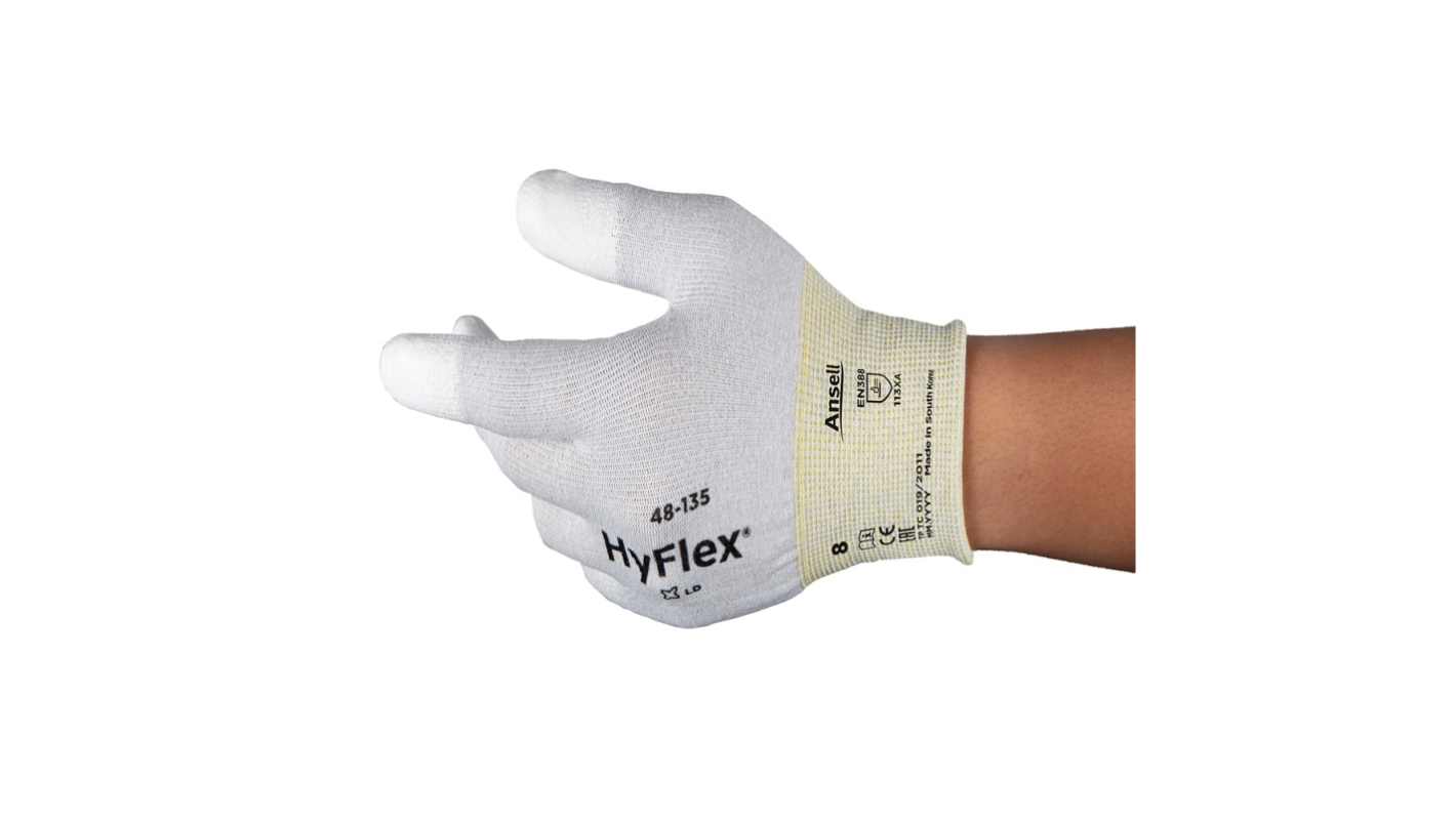 Ansell HyFlex 48-135 White Nylon ESD Protection Work Gloves, Size 9, Polyurethane Coating
