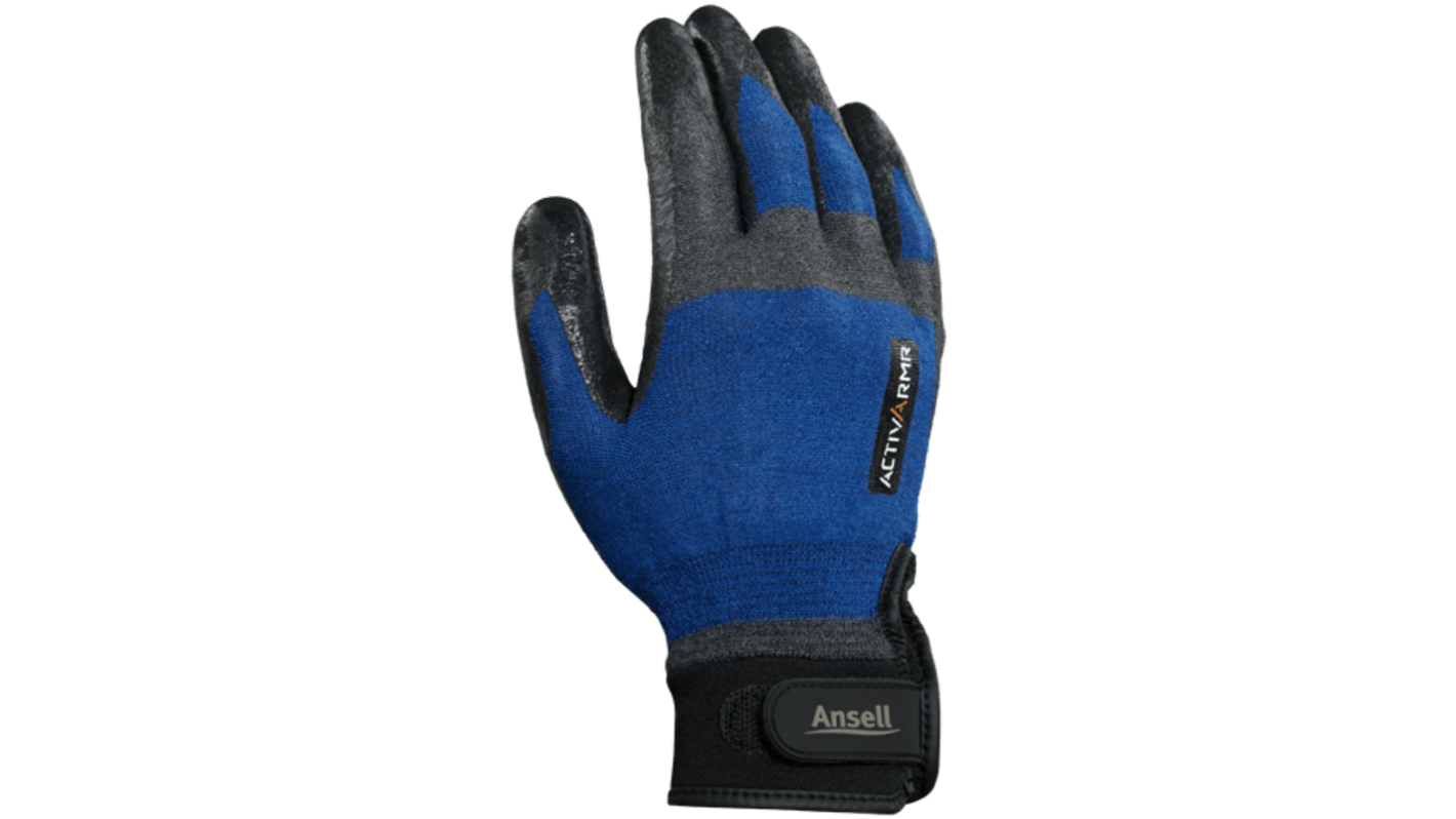 Ansell ActivArmr 97-002 Black, Blue Kevlar, Spandex, Stainless Steel Cut Resistant Work Gloves, Size 9, Nitrile Coating