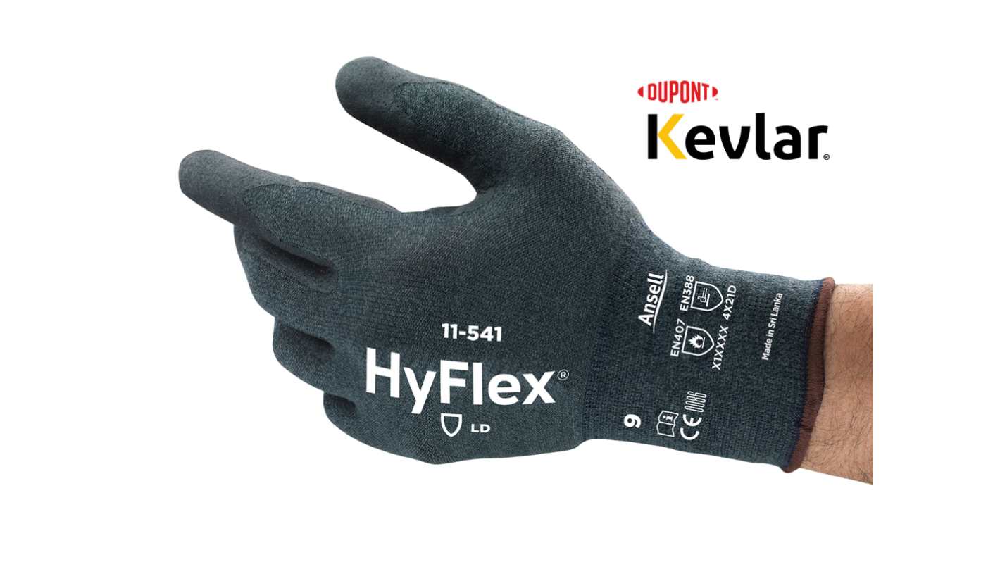 Ansell HyFlex 11-541 Grey Kevlar, Spandex, Stainless Steel Abrasion Resistant, Cut Resistant Gloves, Size 8, Foam