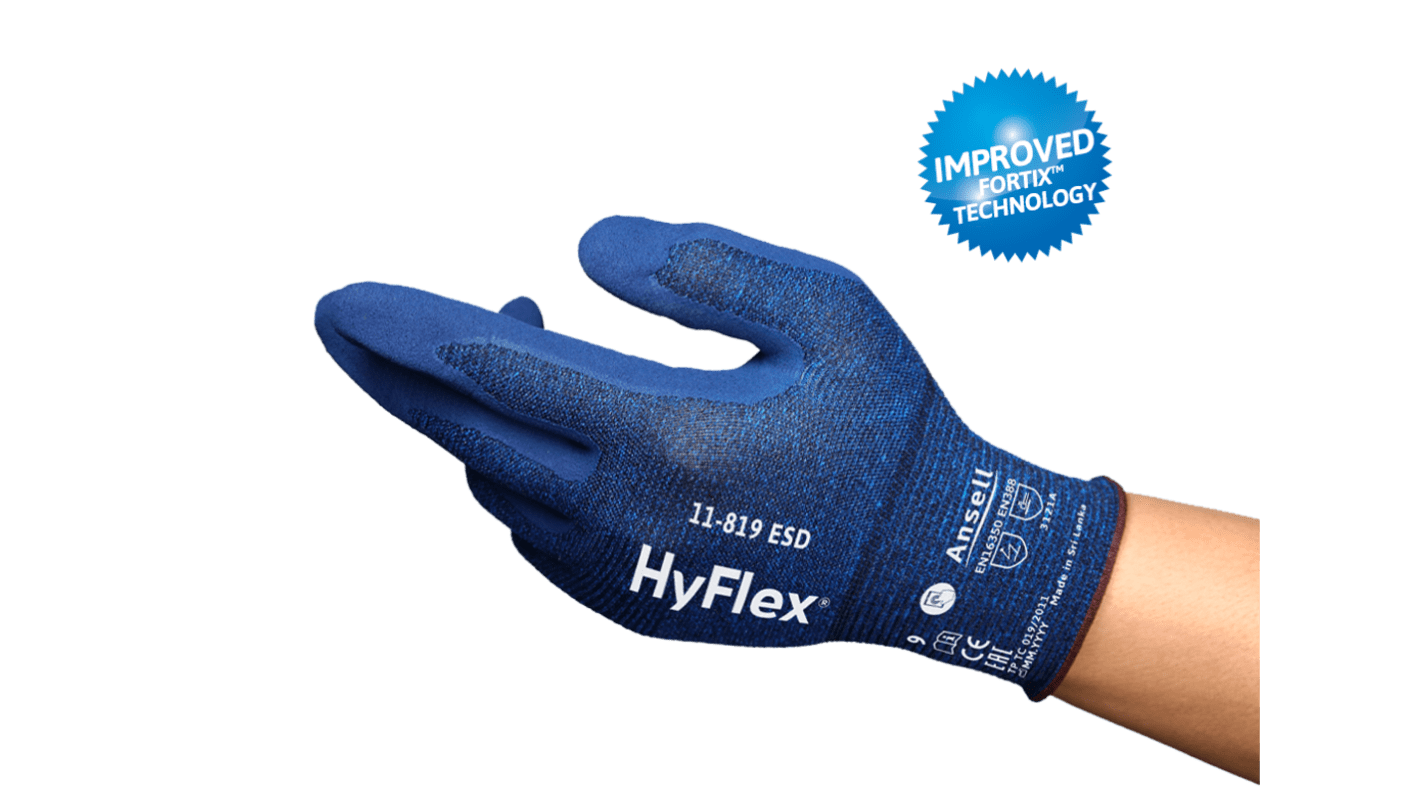 Ansell HyFlex 11-819 Blue Carbon, Nylon, Spandex Abrasion Resistant Gloves, Size 10, Foam Nitrile Coating