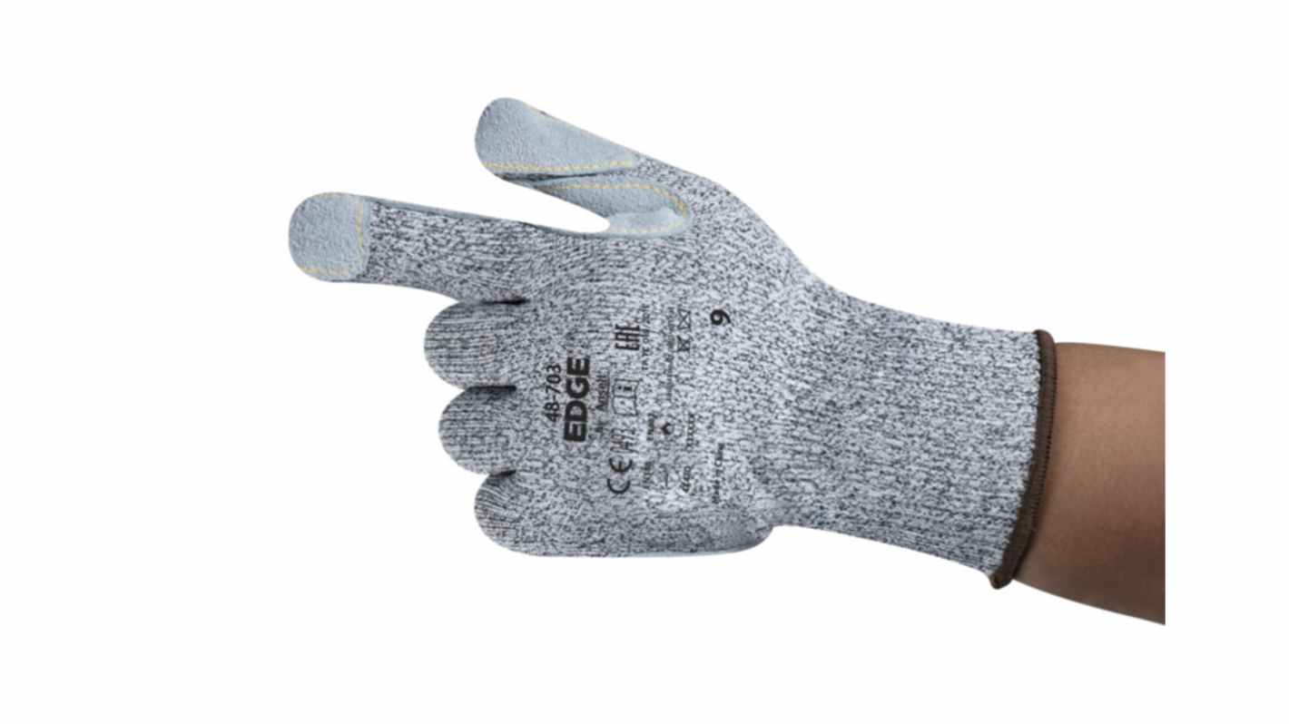 Ansell Edge 48-703 Grey Glass Fibre, Polyethylene Cut Resistant, Heat Resistant Work Gloves, Size 10, Leather Coating