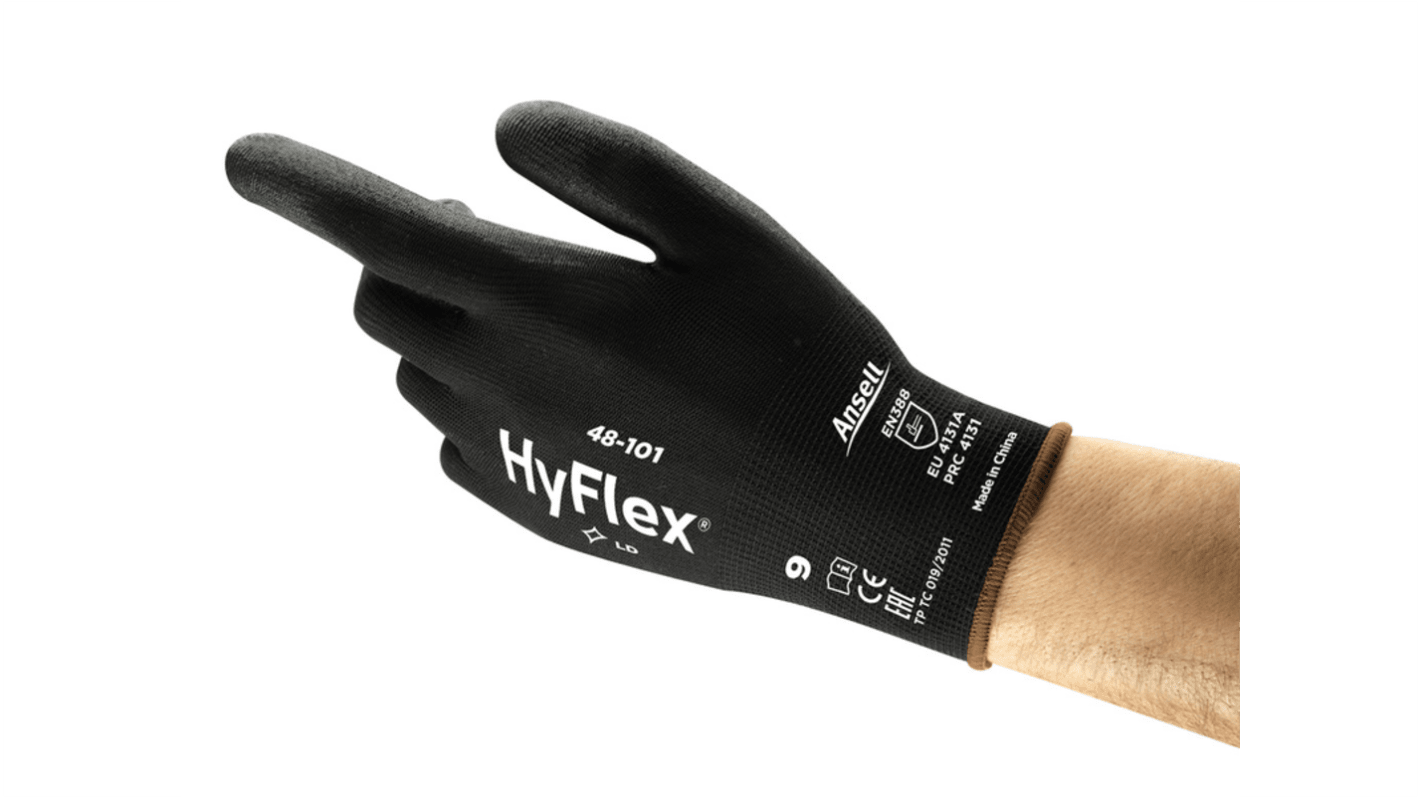 Ansell HyFlex 48-101 Black Nylon Abrasion Resistant Gloves, Size 6, Polyurethane Coating