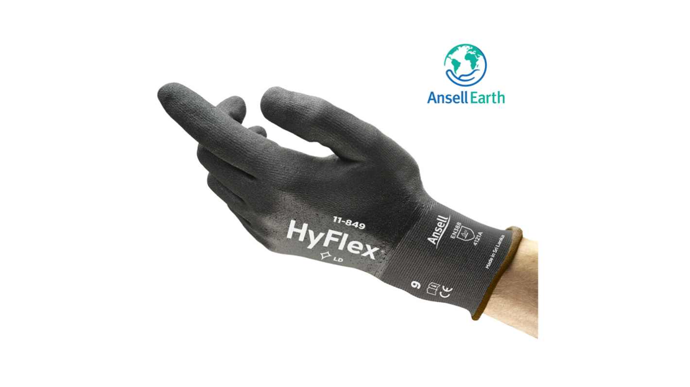 Ansell HyFlex 11-849 Black Nylon, Spandex Abrasion Resistant Gloves, Size 9, Foam Nitrile Coating