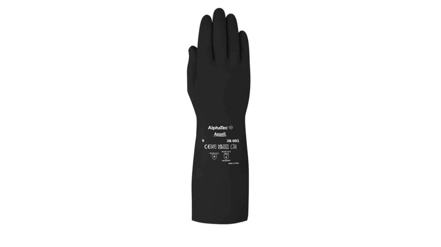 Ansell AlphaTec 38-001 Black Butyle Chemical Resistant Gloves, Size 10, Polymer Coating