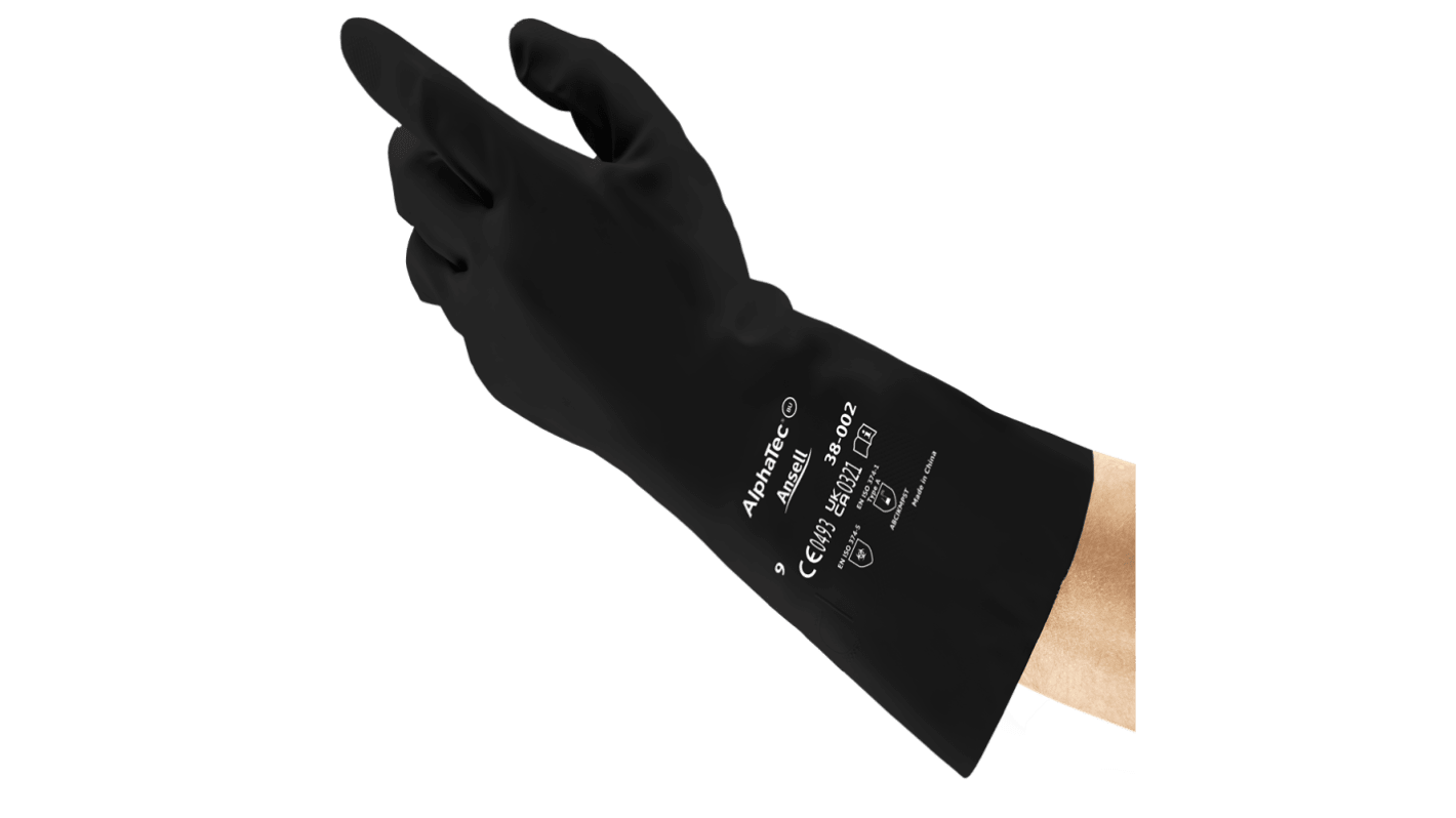 Ansell AlphaTec 38-002 Black Butyle Chemical Resistant Gloves, Size 10, Polymer Coating