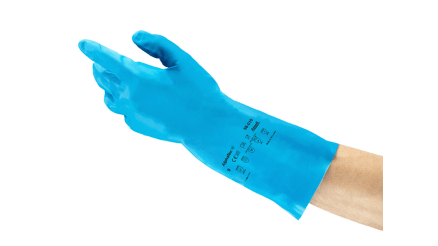 Ansell AlphaTec 58-010 Blue Nitrile Chemical Resistant Work Gloves, Size 8, Nitrile Coating