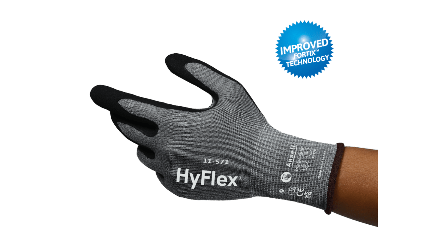 Ansell HyFlex 11-571 Black Carbon, HPPE, Nylon Abrasion Resistant, Cut Resistant Gloves, Size 11, Nitrile Coating