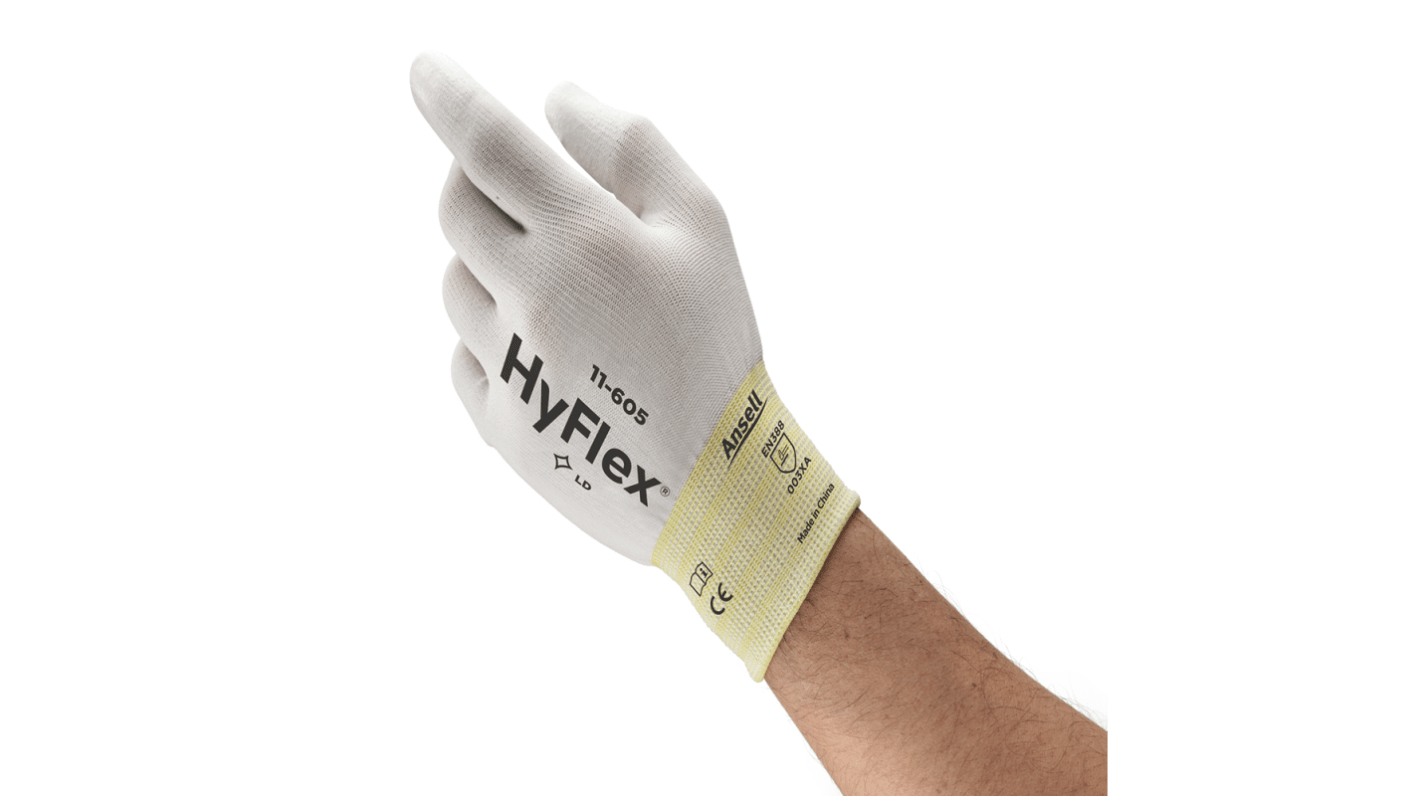 Ansell HyFlex 11-605 White Nylon Abrasion Resistant Gloves, Size 10, Polyurethane Coating