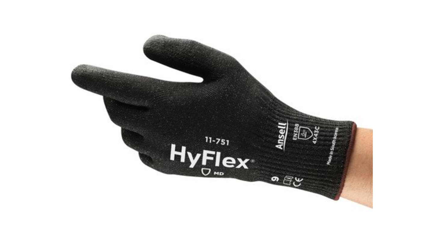 Ansell HyFlex 11-751 Black Glass Fiber, HPPE, Nylon, Spandex (Liner) Abrasion Resistant, Cut Resistant Gloves, Size 6,