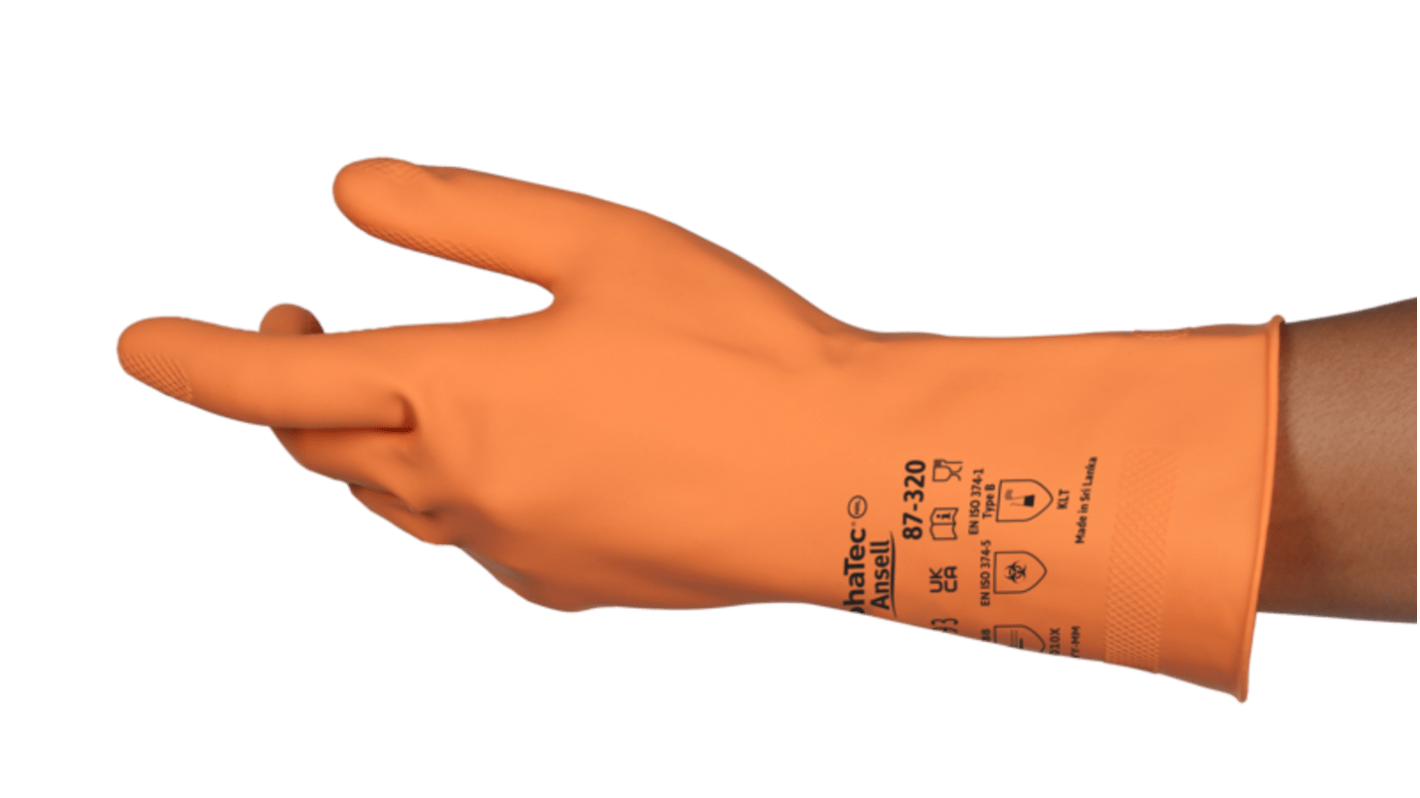 Ansell AlphaTec 87-320 Orange Natural Rubber Latex Abrasion Resistant, Tear Resistant Work Gloves, Size 8.5, Natural