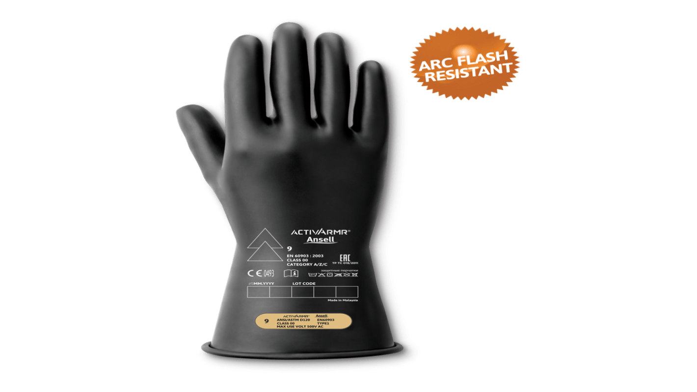 Ansell RIG0011B Black Natural Rubber Latex Electrical Safety Electrical Insulating Gloves, Size 8, Latex, Natural