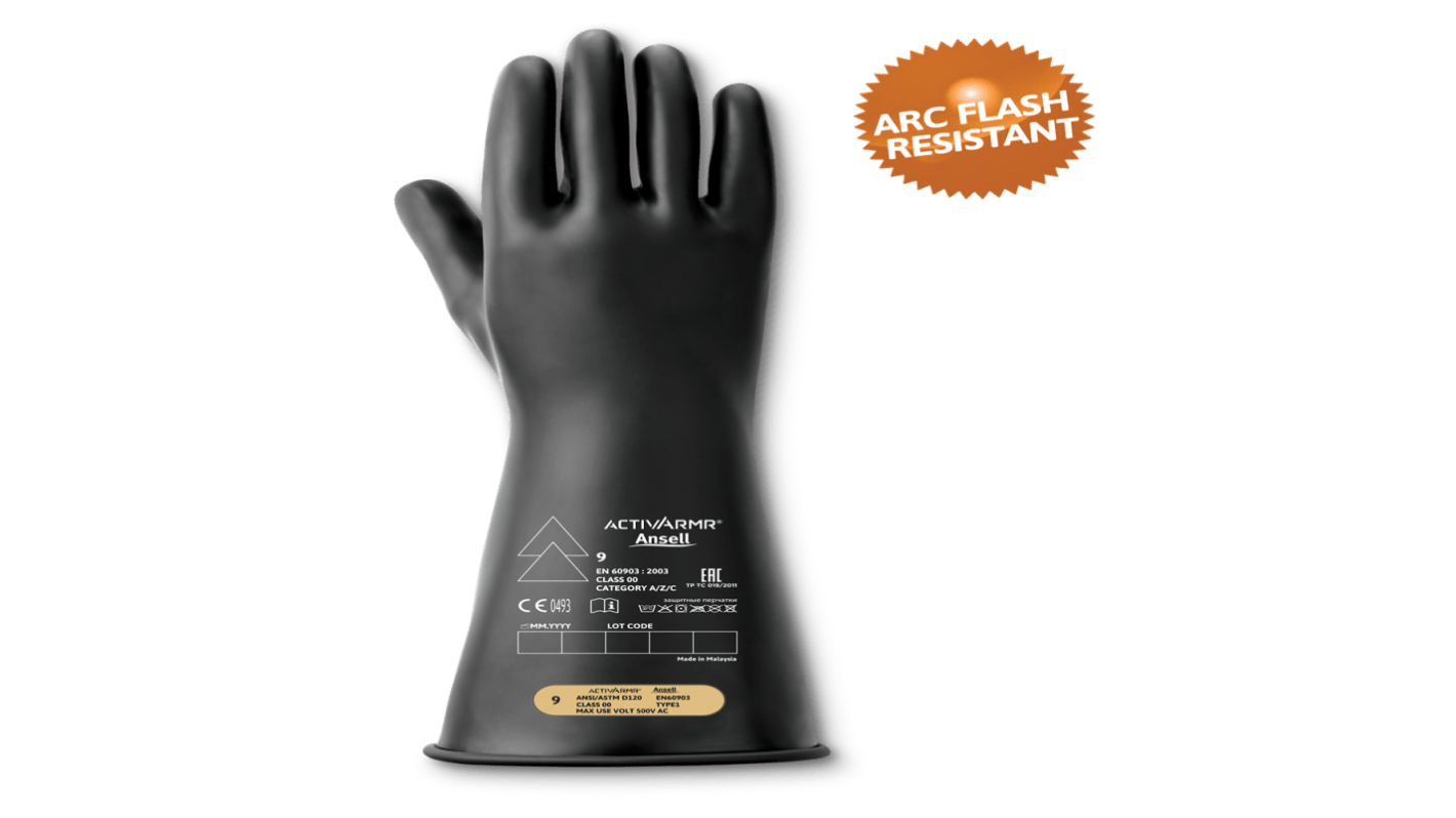 Ansell RIG0014B Black Natural Rubber Latex Electrical Safety Electrical Insulating Gloves, Size 8, Latex, Natural