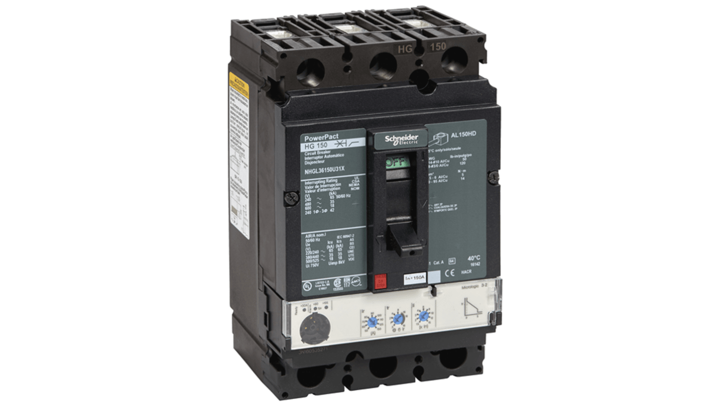 Schneider Electric, PowerPact MCCB 3P 150A, Breaking Capacity 18 kA, DIN Rail Mount