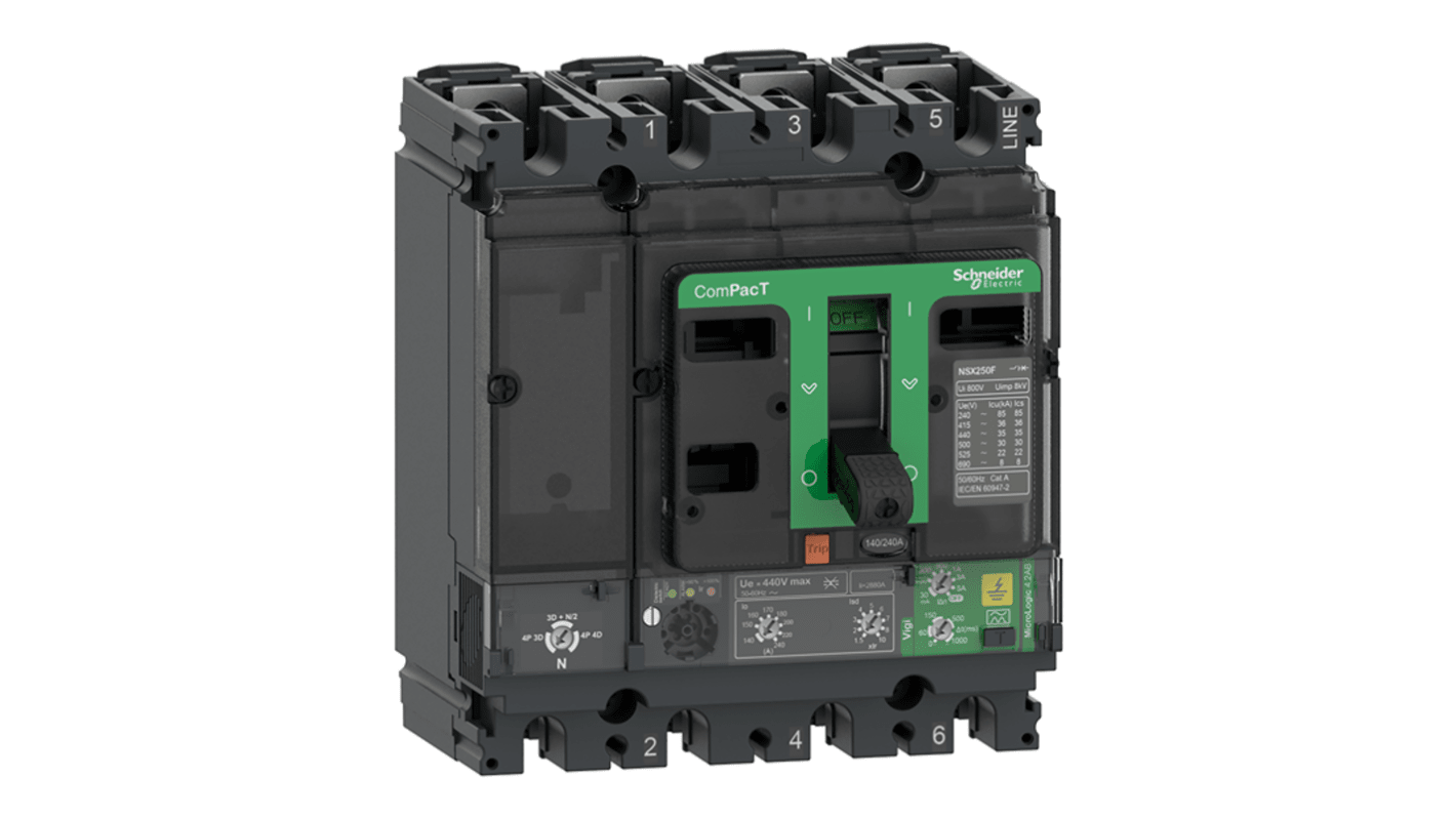 Schneider Electric, ComPacT MCCB 4P 100A, Breaking Capacity 8 kA, Fixed Mount