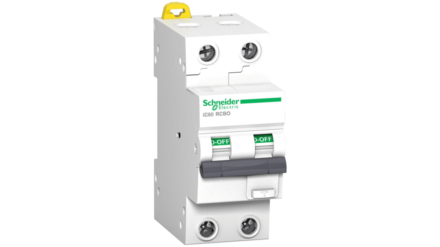 Schneider Electric RCBO, 25A Current Rating, 2P Poles, 30mA Trip Sensitivity, Type C, Acti9 Range