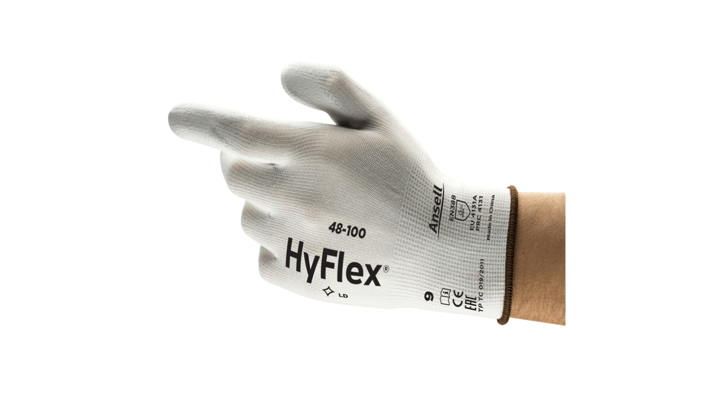 Ansell HyFlex 48-100 White Nylon Abrasion Resistant Gloves, Size 10, Polyurethane Coating