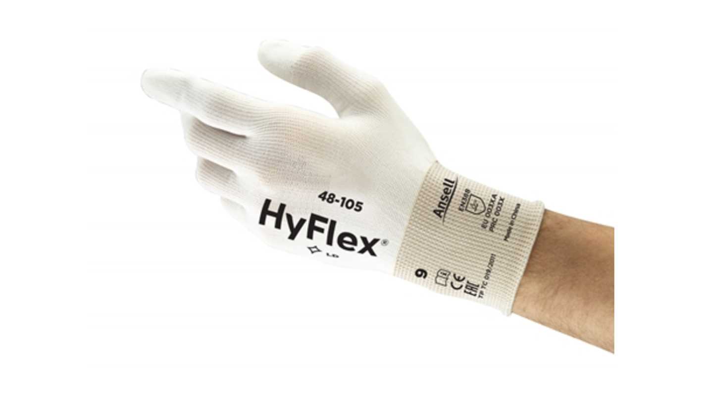 Ansell HyFlex 48-105 White Nylon Breathable Gloves, Size 6, Polyurethane Coating