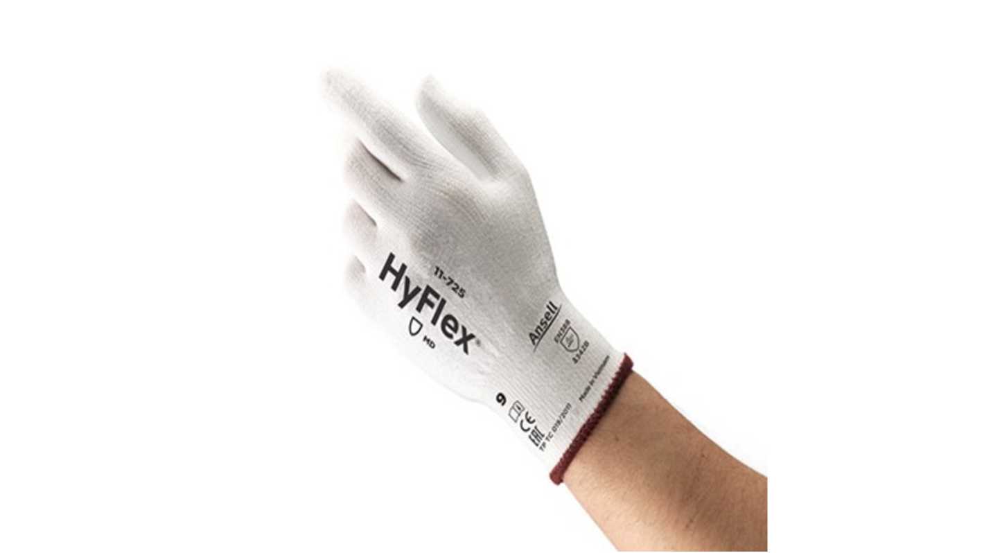 Ansell HyFlex 11-725 White HPPE, Nylon, Spandex Cut Resistant Gloves, Size 10, Polyurethane Coating