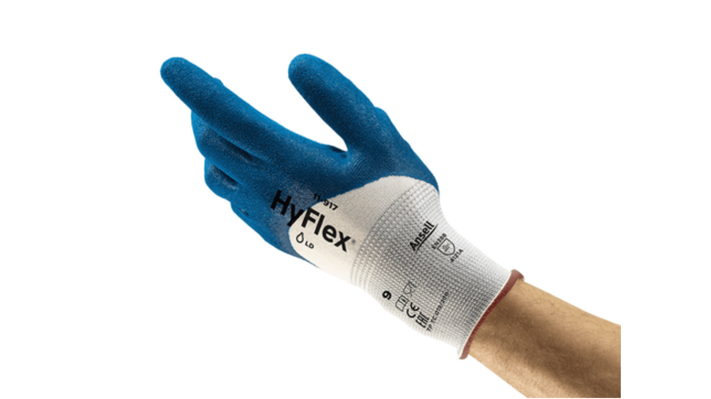 Ansell HyFlex 11-917 Blue Nylon Oil Resistant Gloves, Size 8, Nitrile Coating
