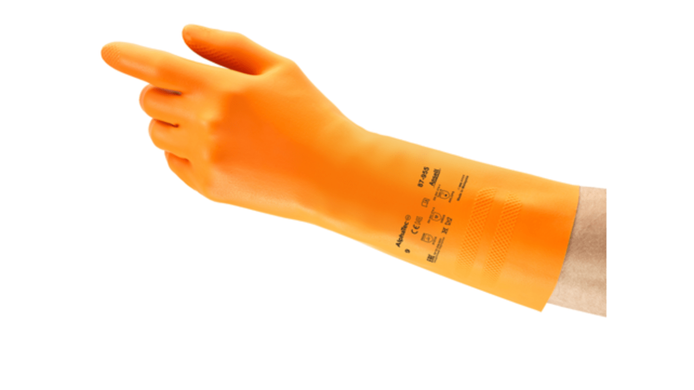 Ansell AlphaTec 87-955 Orange Natural Rubber Latex Chemical Resistant Work Gloves, Size 9, Natural Rubber Coating